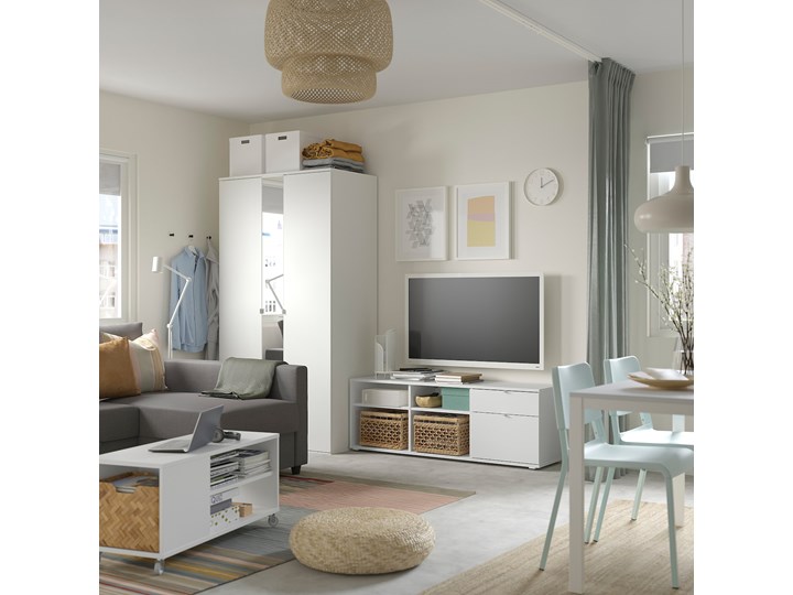 IKEA VIHALS Kombinacja szafa/ława, biały, 251x57x200 cm Pomieszczenie Salon