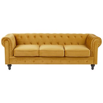 Beliani Sofa 3-os żółta welur chesterfield tuftowana pikowana aksamit vintage glamour kanapa salon