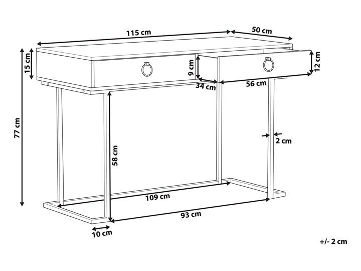 Beliani Konsola czarna matowa 2 szuflady 77 x 115 cm złota metalowa podstawa elegancka toaletka biurko w stylu glamour Wysokość 77 cm Stal nierdzewna Głębokość 50 cm Pomieszczenie Przedpokój Z szufladą Płyta MDF Pomieszczenie Sypialnia