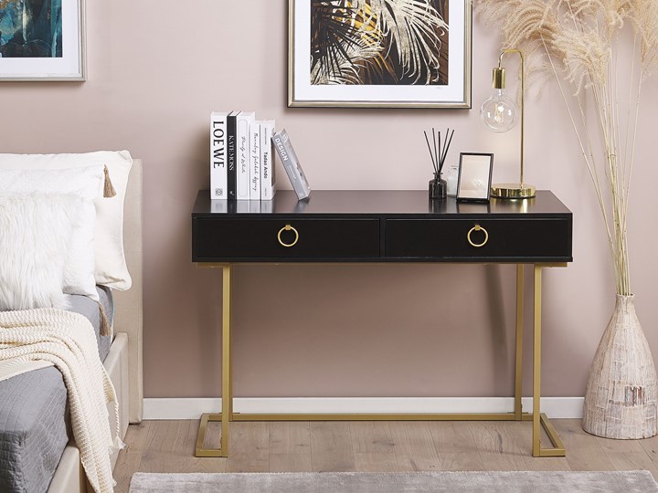 Beliani Konsola czarna matowa 2 szuflady 77 x 115 cm złota metalowa podstawa elegancka toaletka biurko w stylu glamour Płyta MDF Z szufladą Stal nierdzewna Wysokość 77 cm Głębokość 50 cm Kolor Złoty