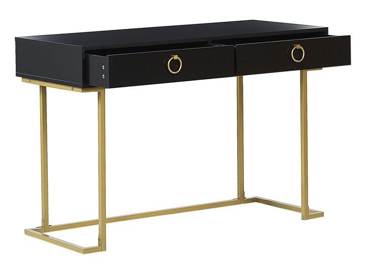 Beliani Konsola czarna matowa 2 szuflady 77 x 115 cm złota metalowa podstawa elegancka toaletka biurko w stylu glamour Wysokość 77 cm Pomieszczenie Sypialnia Stal nierdzewna Głębokość 50 cm Płyta MDF Z szufladą Pomieszczenie Salon