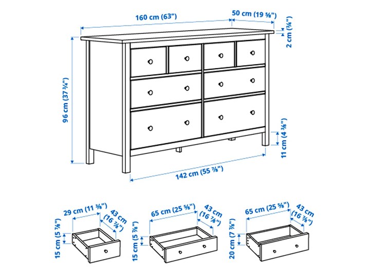 IKEA HEMNES Komoda, 8 szuflad, Biała bejca, 160x96 cm Drewno Szerokość 160 cm Głębokość 50 cm Z szufladami Pomieszczenie Garderoba Pomieszczenie Salon