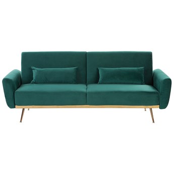 Beliani Sofa rozkładana zielona welurowa trzyosobowa szmaragdowa kanapa do salonu z funkcją spania miedziane nogi w stylu retro