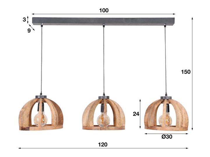 Lampa wisząca Bars 3xØ30 cm mango Metal Drewno Ilość źródeł światła 3 źródła