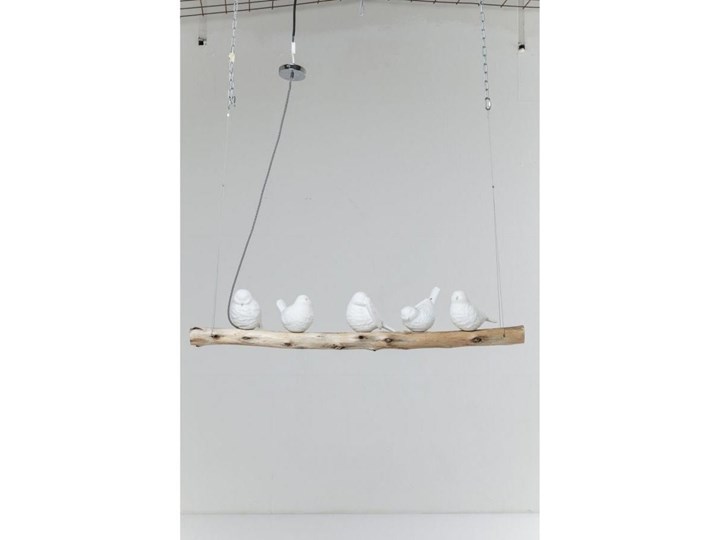 Lampa wisząca na drewnianej belce z kloszami w kształcie ptaszków biała 120x15 cm