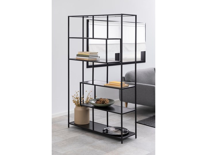 Regał metalowy czarny 185x114x35 cm Na książki Na dekoracje Wysokość 114 cm Tworzywo sztuczne Płyta MDF Szerokość 114 cm Płyta meblowa Uniwersalne Biblioteka Drewno Kategoria Witryny