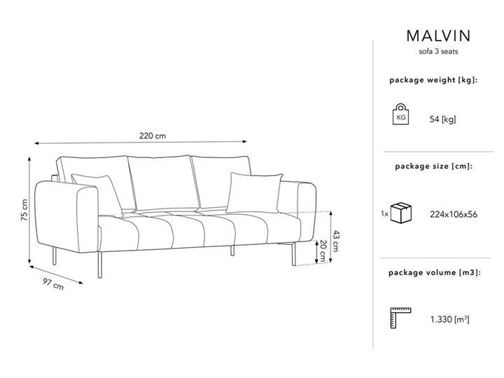 Sofa 3-os. Malvin 220 cm różowa nogi złote Stała konstrukcja Materiał obicia Tkanina Styl Tradycyjny