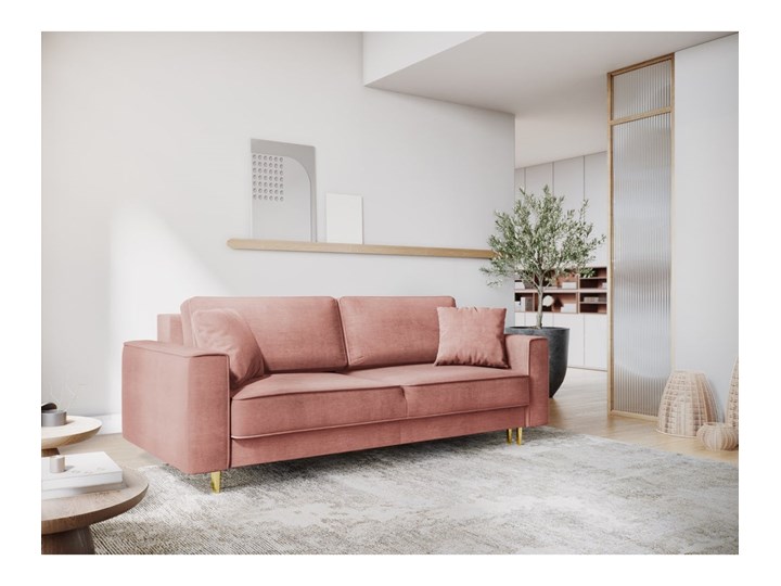 Sofa rozkładana 3-osobowa Dunas 233 cm różowa nogi złote Głębokość 102 cm Funkcje Z pojemnikiem na pościel Stała konstrukcja Wielkość Trzyosobowa