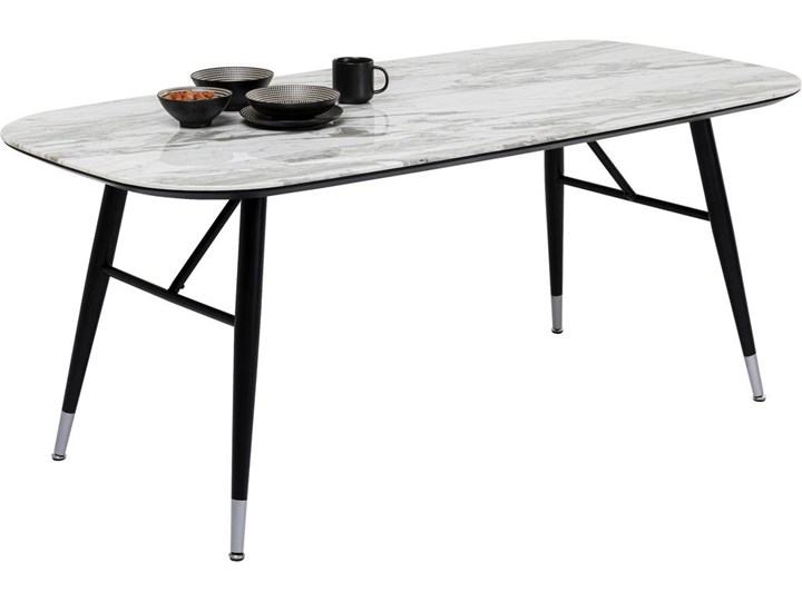 Stół szary blat z marmurowym wzorem czarne metalowe nogi 180x90 cm Szkło Stal Płyta MDF Pomieszczenie Stoły do jadalni Kształt blatu Owalny