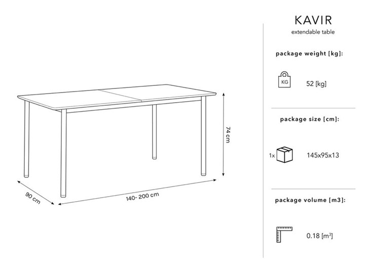 Stół rozkładany Kavir 140-200x90 cm czarny Długość po rozłożeniu 200 cm Długość(n) 140 cm