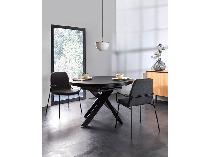 Stół rozkładany okrągły czarny szklany blat z marmurowym wzorem metalowe nogi Ø120x76 cm Pomieszczenie Stoły do jadalni Szkło Ceramika Płyta MDF Stal Rozkładanie Rozkładane