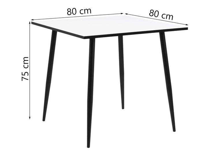 Stół biały blat czarne metalowe nogi 80x80 cm Wysokość 75 cm Drewno Płyta laminowana Rozkładanie