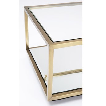 Stolik kawowy z półką kwadratowy blaty szklane rama metalowa złota 50x50 cm