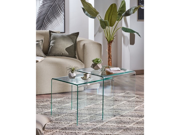 Zestaw Burano 2 szklanych stolików pomocniczych Szkło Kolor Przezroczysty Wysokość 45 cm Zestaw stolików Długość 50 cm Szerokość 50 cm Kształt blatu Kwadratowe