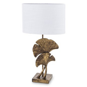 AMARELLO lampa z białym kloszem na dekoracyjnej nodze z liśćmi miłorzębu w kolorze starego złota, wys. 53 cm
