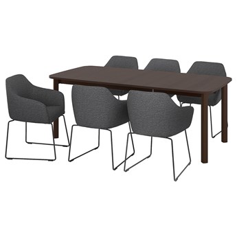 IKEA STRANDTORP / TOSSBERG Stół i 6 krzeseł, brązowy/metal czarny/szary, 150/205/260 cm