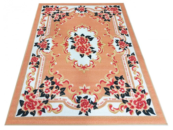 Pomarańczowy prostokątny dywan w kwiaty - Mardes 80x150 cm Pomieszczenie Sypialnia Syntetyk Dywany Wzór Roślinny