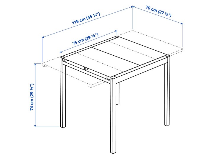 IKEA GLIVARP Stół rozkładany, przezroczysty/biały, 75/115x70 cm Kształt blatu Prostokątny Wysokość 74 cm Stal Metal Tworzywo sztuczne Szkło Pomieszczenie Stoły do jadalni