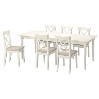 IKEA INGATORP / INGOLF Stół i 6 krzeseł, biały biały/Hallarp beżowy, 155/215 cm