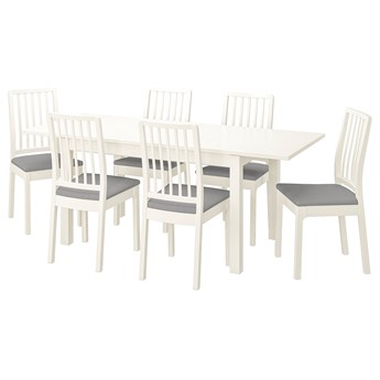 IKEA LANEBERG / EKEDALEN Stół i 6 krzeseł, biały biały/Orrsta jasnoszary, 130/190x80 cm