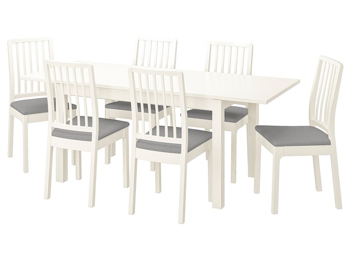 IKEA LANEBERG / EKEDALEN Stół i 6 krzeseł, biały biały/Orrsta jasnoszary, 130/190x80 cm