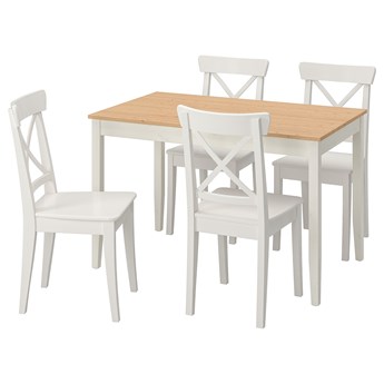 IKEA LERHAMN / INGOLF Stół i 4 krzesła, bejca jasna patyna biała bejca/biały, 118x74 cm