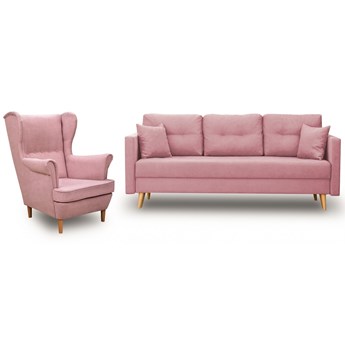 Zestaw Skandynawski Sofa z Funkcją Spania + Fotele Uszak Pudrowy Róż