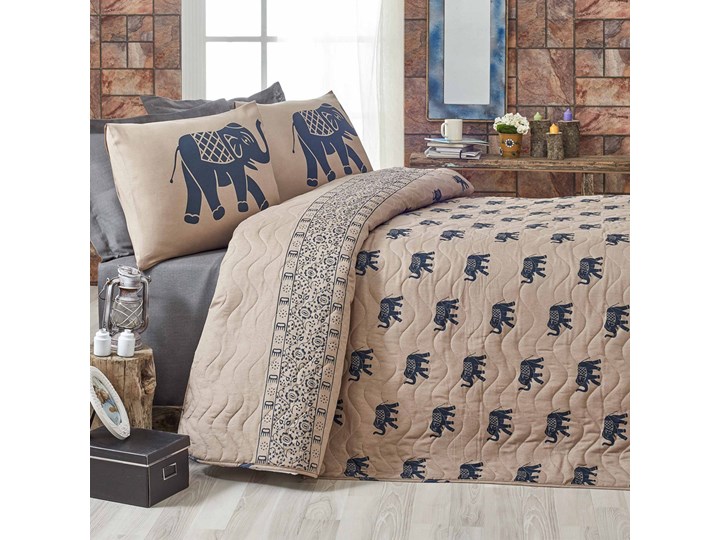 SELSEY Narzuta z poszewką na poduszkę Biulfe 200x200 cm beżowa ze słoniami Pomieszczenie Sypialnia Poliester Bawełna Wzór Pikowany