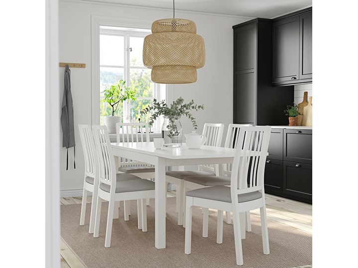 IKEA LANEBERG / EKEDALEN Stół i 6 krzeseł, biały biały/Orrsta jasnoszary, 130/190x80 cm Pomieszczenie Jadalnia Kategoria Stoły z krzesłami