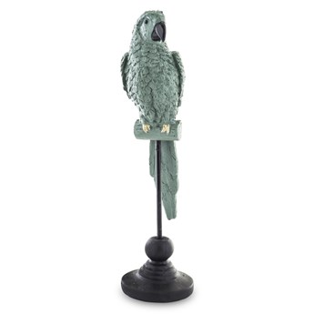 PAPAGEI figurka papuga zielona szałwiowa ze złotymi zdobieniami na czarnym stojaku, wys. 26 cm