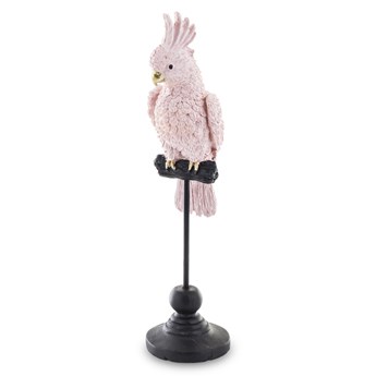 LORO figurka papuga różowa ze złotymi zdobieniami na czarnym stojaku, wys. 27 cm