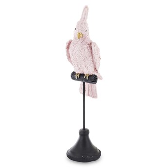 LORO figurka papuga różowa ze złotymi zdobieniami na czarnym stojaku, wys. 33 cm
