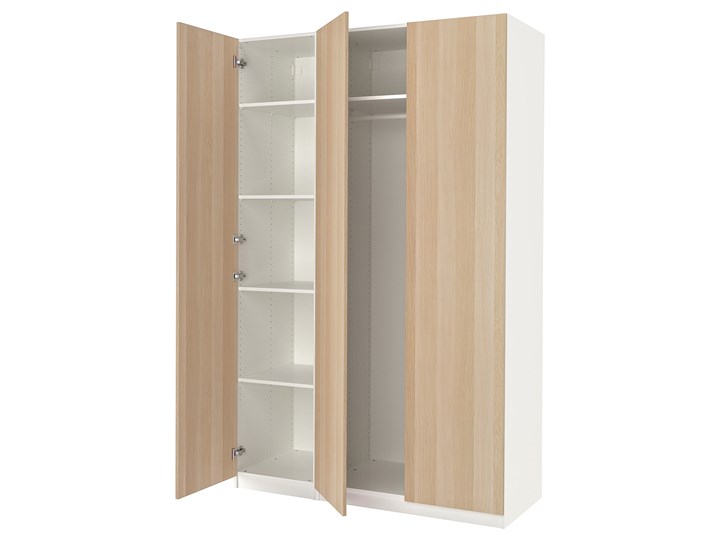 IKEA PAX / FORSAND Kombinacja szafy, biały/dąb bejcowany na biało, 150x60x236 cm Drewno Głębokość 60 cm Ilość drzwi Trzydrzwiowe Szerokość 150 cm Pomieszczenie Sypialnia