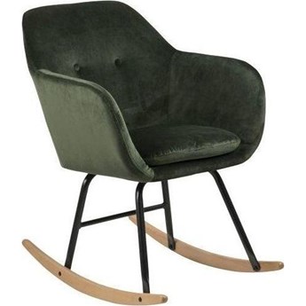 Nowoczesny fotel bujany welurowy zielony nogi metalowe czarne płozy drewniane