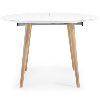 rozkładany okrągły stół Oqui lakierowane białe MDF, nogi drewno bukowe 120(200)x120 cm