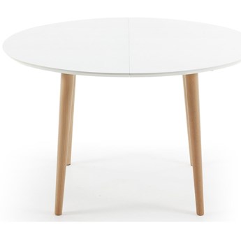 rozkładany stół owalny Oqui lakierowane białe MDF, nogi drewno bukowe 120(200) x 90 cm