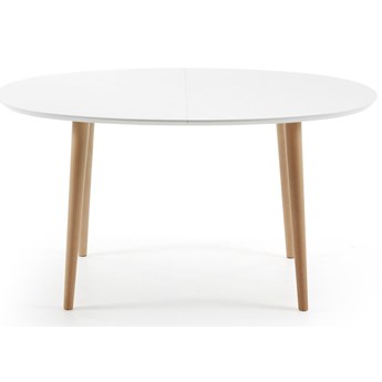 rozkładany stół owalny Oqui lakierowane białe MDF, nogi drewno bukowe 140 (220) x 90 cm