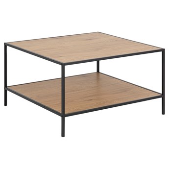 Skandynawski stolik do salonu kwadratowy z półką blaty drewniane naturalne podstawa metalowa czarna 80x80 cm