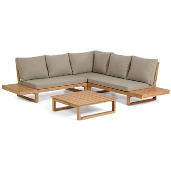 Zestaw Flaviina 5-osobowa sofa narożna i stolik w 100% z litego drewna akacjowego FSC