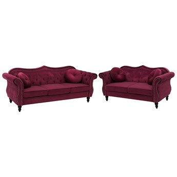 Beliani Zestaw wypoczynkowy czerwony welurowy 3 + 2 pikowana kanapa glamour i fotel z okrągłymi poduszkami