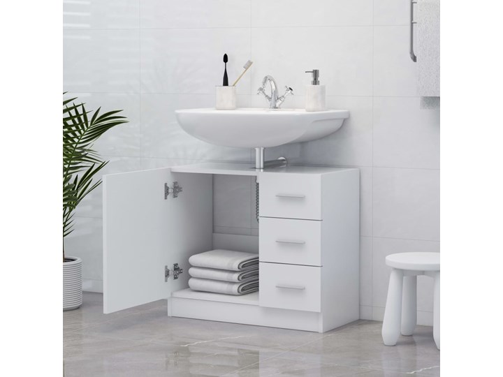 vidaXL Szafka pod umywalkę, biała 63x30x54 cm, materiał drewnopochodny Stojące Płyta stolarska Wysokość 63 cm Płyta MDF Kategoria Szafki stojące Głębokość 30 cm Szerokość 63 cm Poziome Wykończenie Matowe