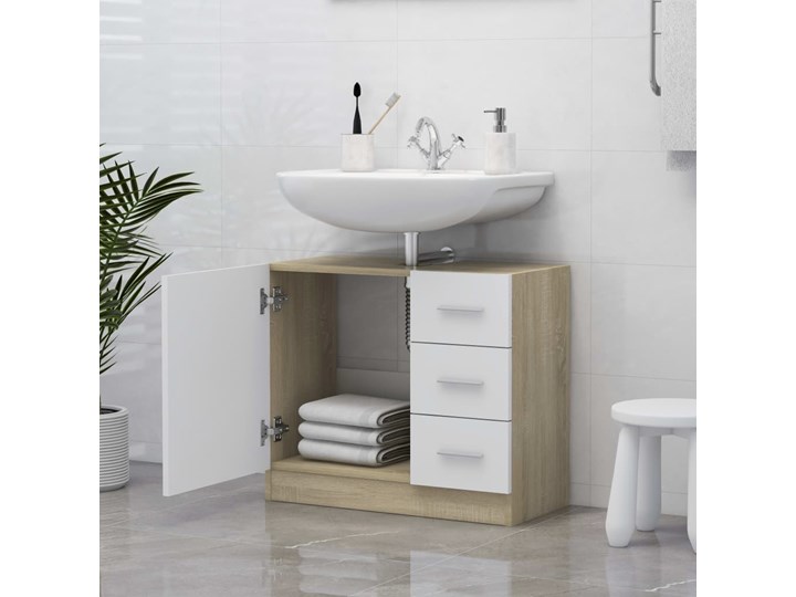 vidaXL Szafka pod umywalkę, biel i dąb sonoma, 63x30x54 cm, płyta Szerokość 63 cm Poziome Wysokość 63 cm Głębokość 30 cm Drewno Płyta stolarska Stojące Płyta MDF Kategoria Szafki stojące