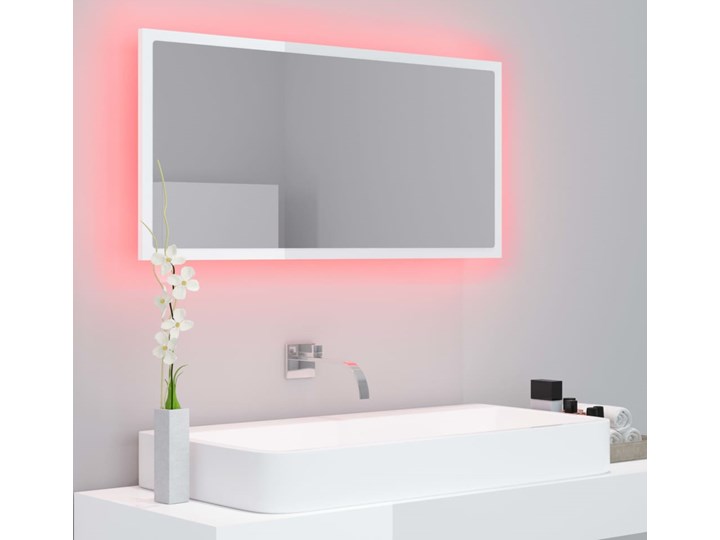 vidaXL Lustro łazienkowe z LED, białe na wysoki połysk, 90x8,5x37 cm Prostokątne Lustro z ramą Ścienne Kolor Biały Styl Nowoczesny