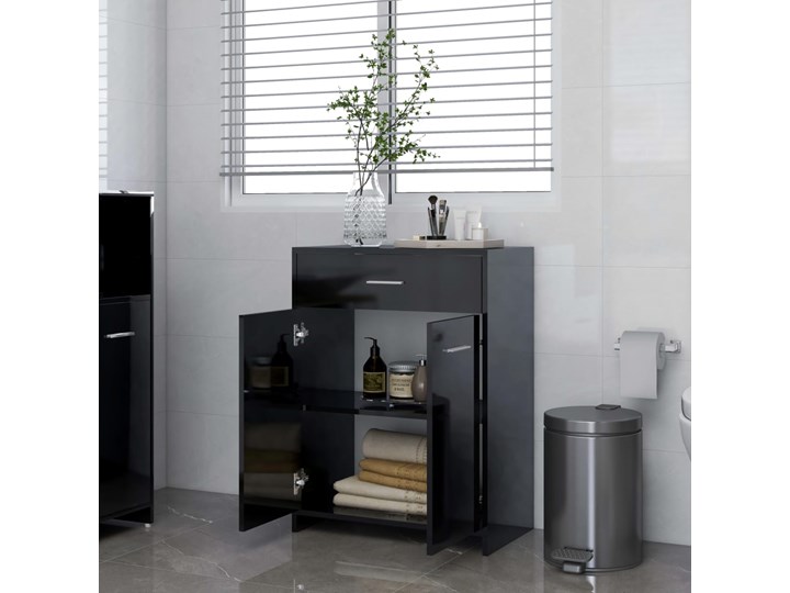 vidaXL Szafka łazienkowa, czarna, wysoki połysk, 60x33x80 cm, płyta Szerokość 60 cm Stojące Płyta stolarska Komoda Płyta MDF Styl Nowoczesny Pionowe Głębokość 33 cm Kolor Czarny