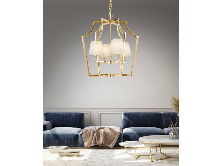 NOWOCZESNA LAMPA WISZĄCA ZŁOTA Z BIAŁYMI ABAŻURAMI MONTERO LUMINA DECO Lampa z kryształkami Metal Lampa z abażurem Lampa z kloszem Tkanina Kryształ Pomieszczenie Salon