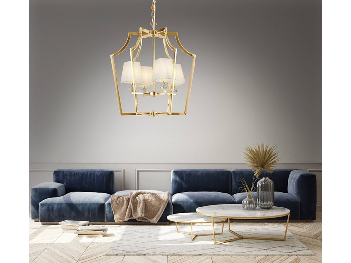 NOWOCZESNA LAMPA WISZĄCA ZŁOTA Z BIAŁYMI ABAŻURAMI MONTERO LUMINA DECO Tkanina Metal Kryształ Lampa z kloszem Lampa z kryształkami Styl Industrialny Lampa z abażurem Ilość źródeł światła 4 źródła