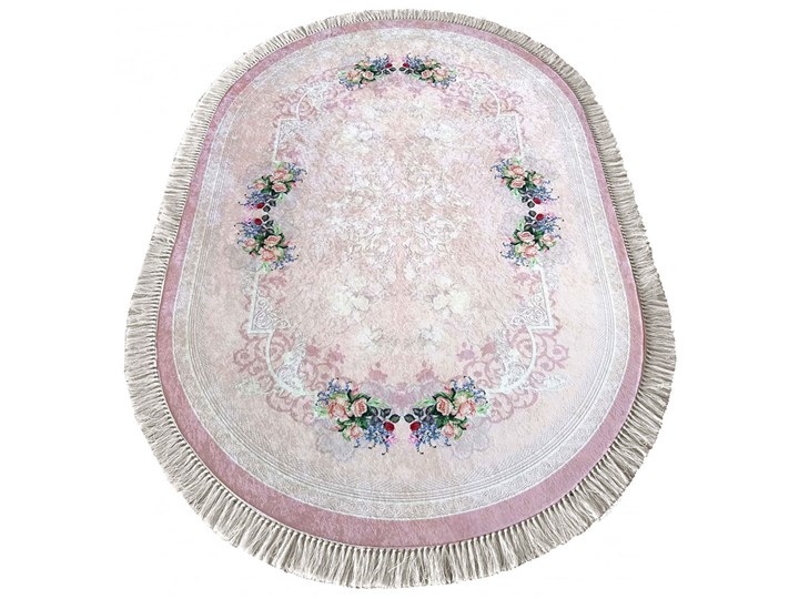Różowy owalny dywan w kwiaty - Kortado Dywany Syntetyk Okrągły 60x100 cm Wzór Roślinny