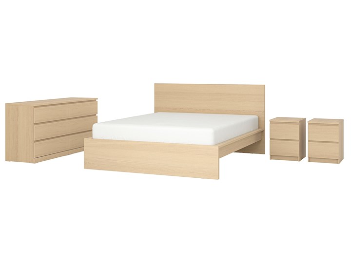 IKEA MALM Zestaw mebli do sypialni 4 szt, Okleina dębowa bejcowana na biało, 180x200 cm Kategoria Zestawy mebli do sypialni