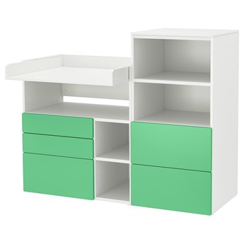 IKEA SMÅSTAD / PLATSA Stół do przewijania, Biały zielony/z regałem na książki, 150x79x123 cm