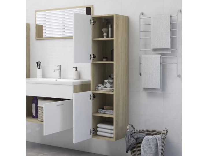 vidaXL Szafka łazienkowa, biel i dąb sonoma, 30x30x130 cm, płyta Pionowe Wiszące Płyta stolarska Drewno Płyta MDF Styl Nowoczesny Słupek Kolor Biały